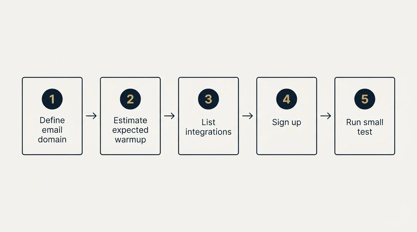 Step sequence: Getting Started Checklist (Define email domain, Estimate expected warmup, List integrations, Sign up)