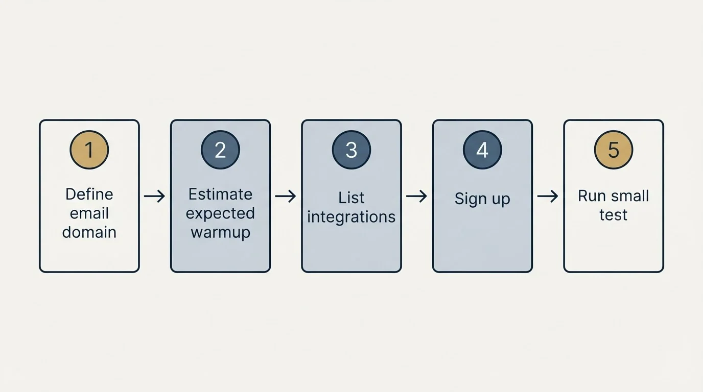 Step sequence: Getting Started Checklist (Define email domain, Estimate expected warmup, List integrations, Sign up)