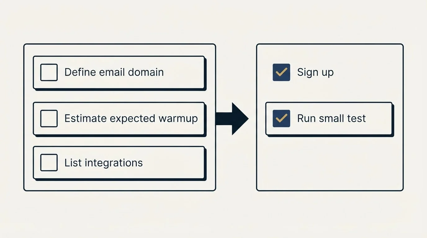 Before-and-after steps: Getting Started Checklist (Define email domain, Estimate expected warmup, List integrations, Sign up)