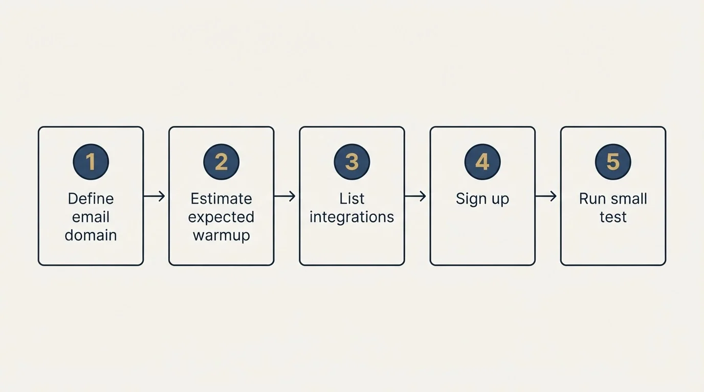 Step sequence: Getting Started Checklist (Define email domain, Estimate expected warmup, List integrations, Sign up)