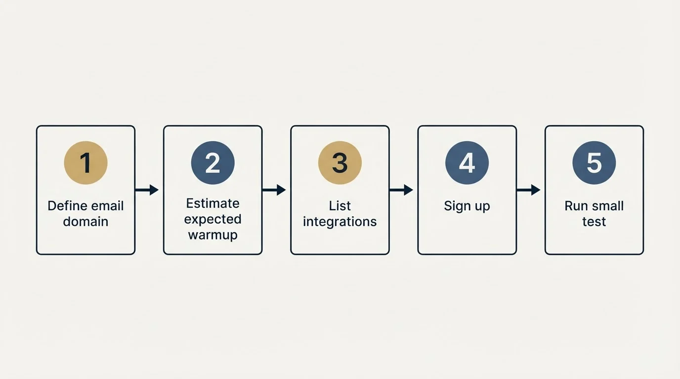 Step sequence: Getting Started Checklist (Define email domain, Estimate expected warmup, List integrations, Sign up)