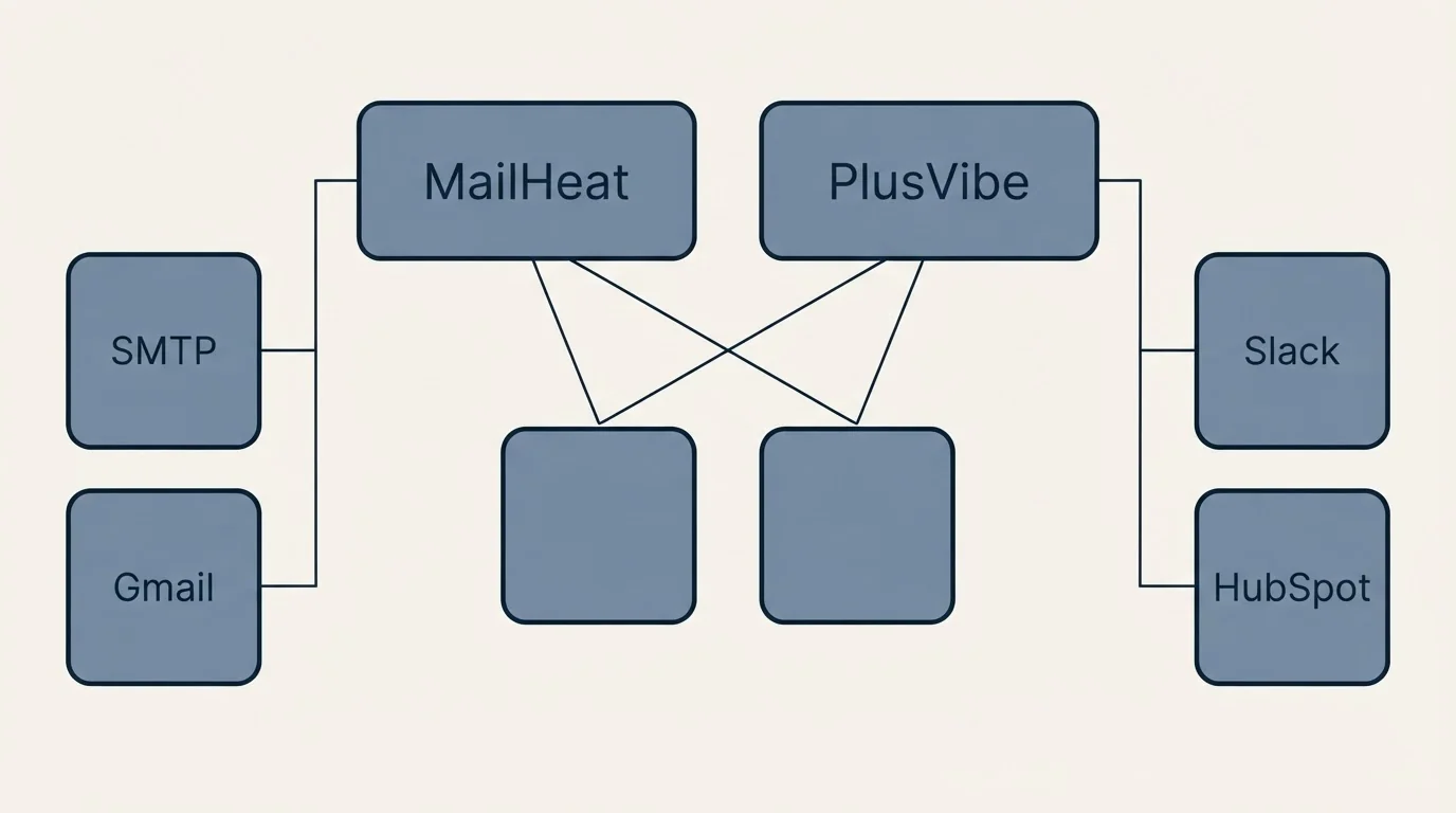 Integration grid: Integration Ecosystem (MailHeat, PlusVibe, SMTP, Slack)