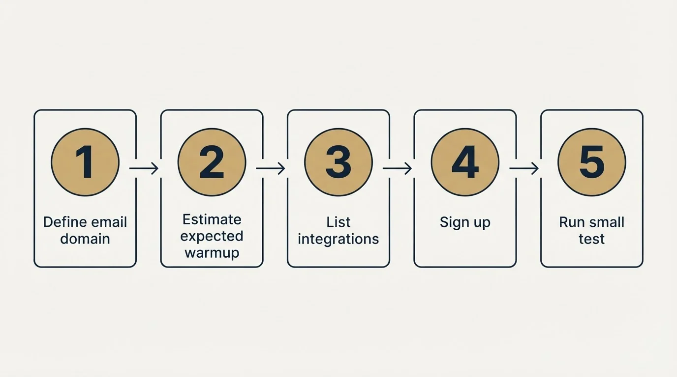 Step sequence: Getting Started Checklist (Define email domain, Estimate expected warmup, List integrations, Sign up)
