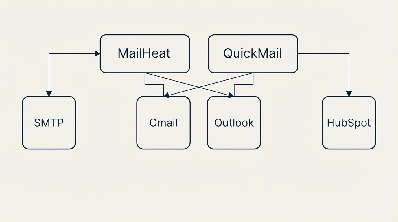 Integration grid: Integration Ecosystem (MailHeat, QuickMail, Gmail, Outlook)