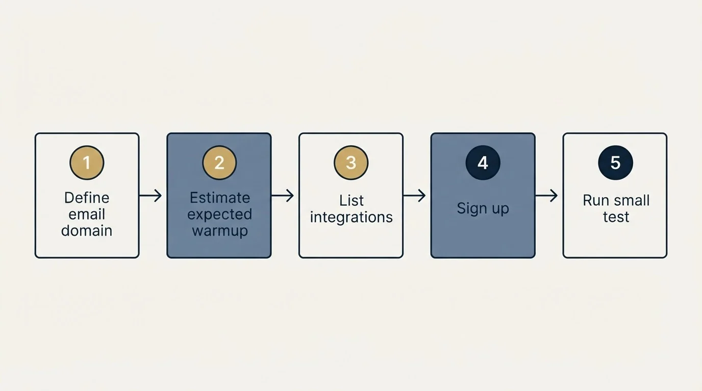 Step sequence: Getting Started Checklist (Define email domain, Estimate expected warmup, List integrations, Sign up)