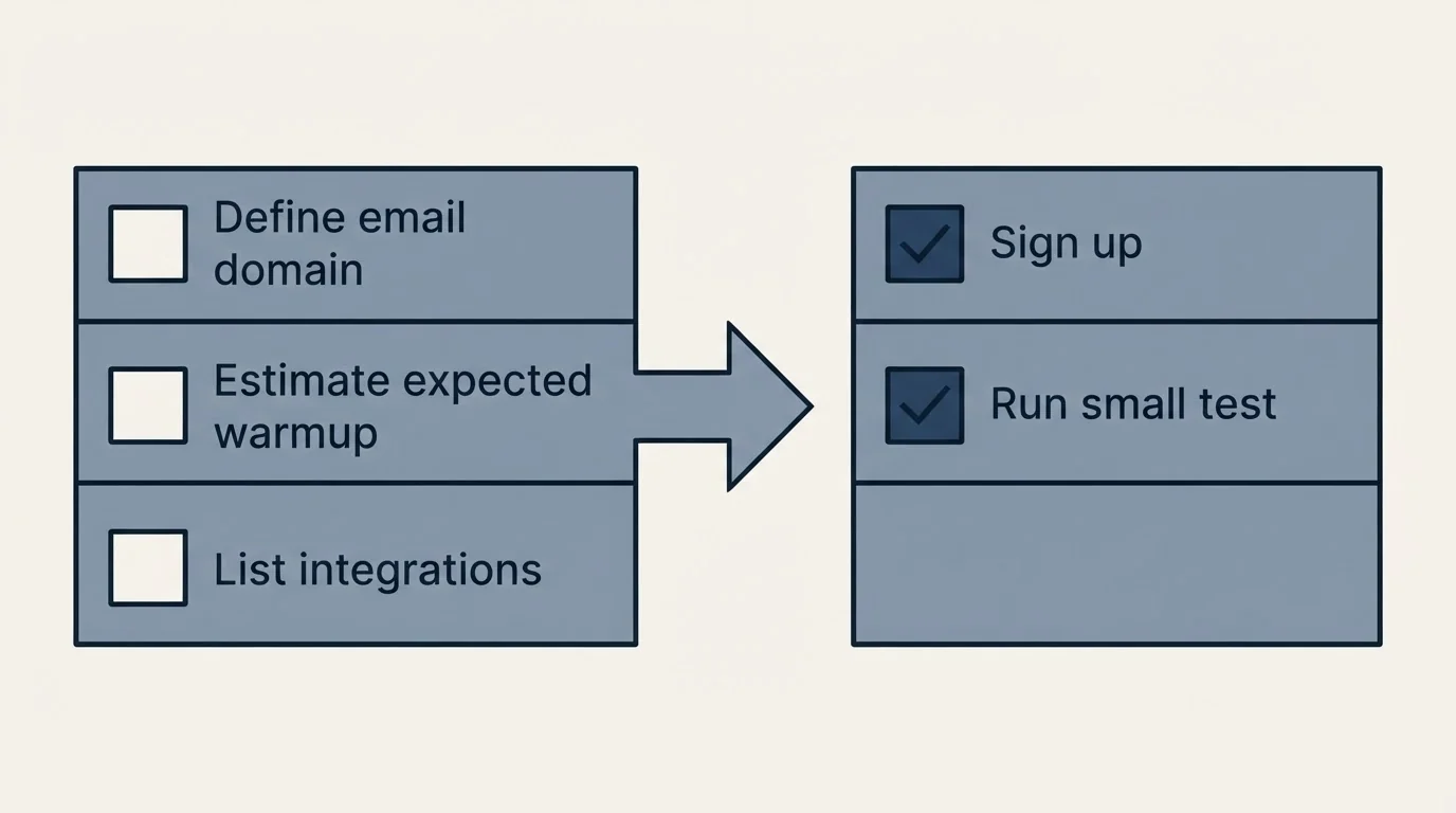 Before-and-after steps: Getting Started Checklist (Define email domain, Estimate expected warmup, List integrations, Sign up)
