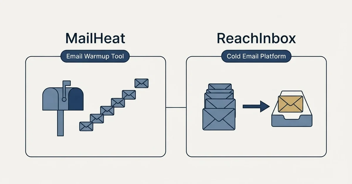 Side-by-side panels: MailHeat vs ReachInbox (Email Warmup Tool, Cold Email Platform)