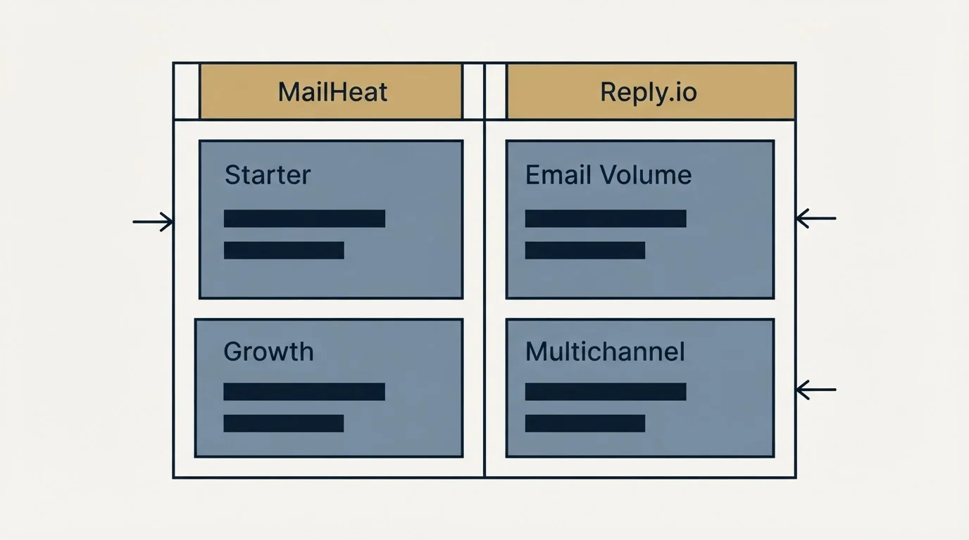 Pricing table: Pricing Comparison (MailHeat, Reply.io, Starter, Email Volume)