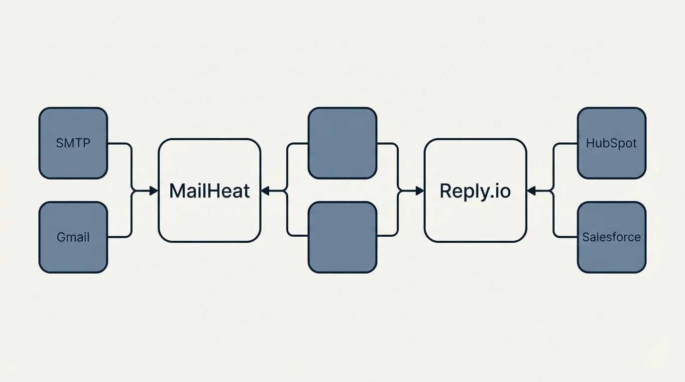 Integration schematic: Integration Ecosystem (MailHeat, Reply.io, SMTP, HubSpot)