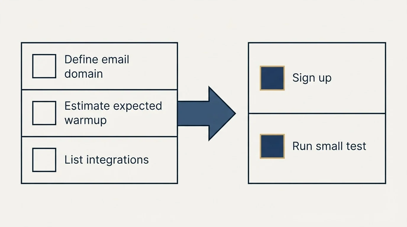 Before-and-after steps: Getting Started Checklist (Define email domain, Estimate expected warmup, List integrations, Sign up)
