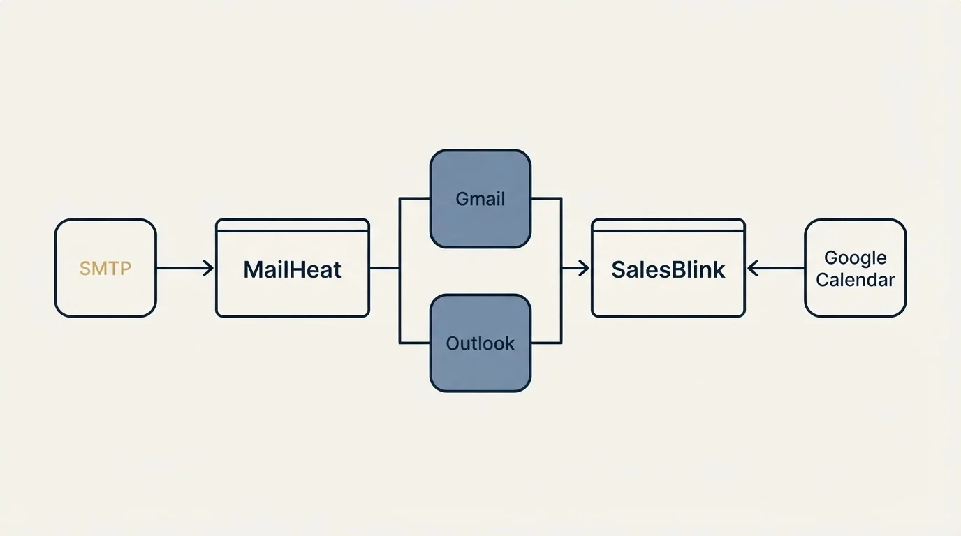 Integration flow: Integration Ecosystem (MailHeat, SalesBlink, Gmail, Outlook)