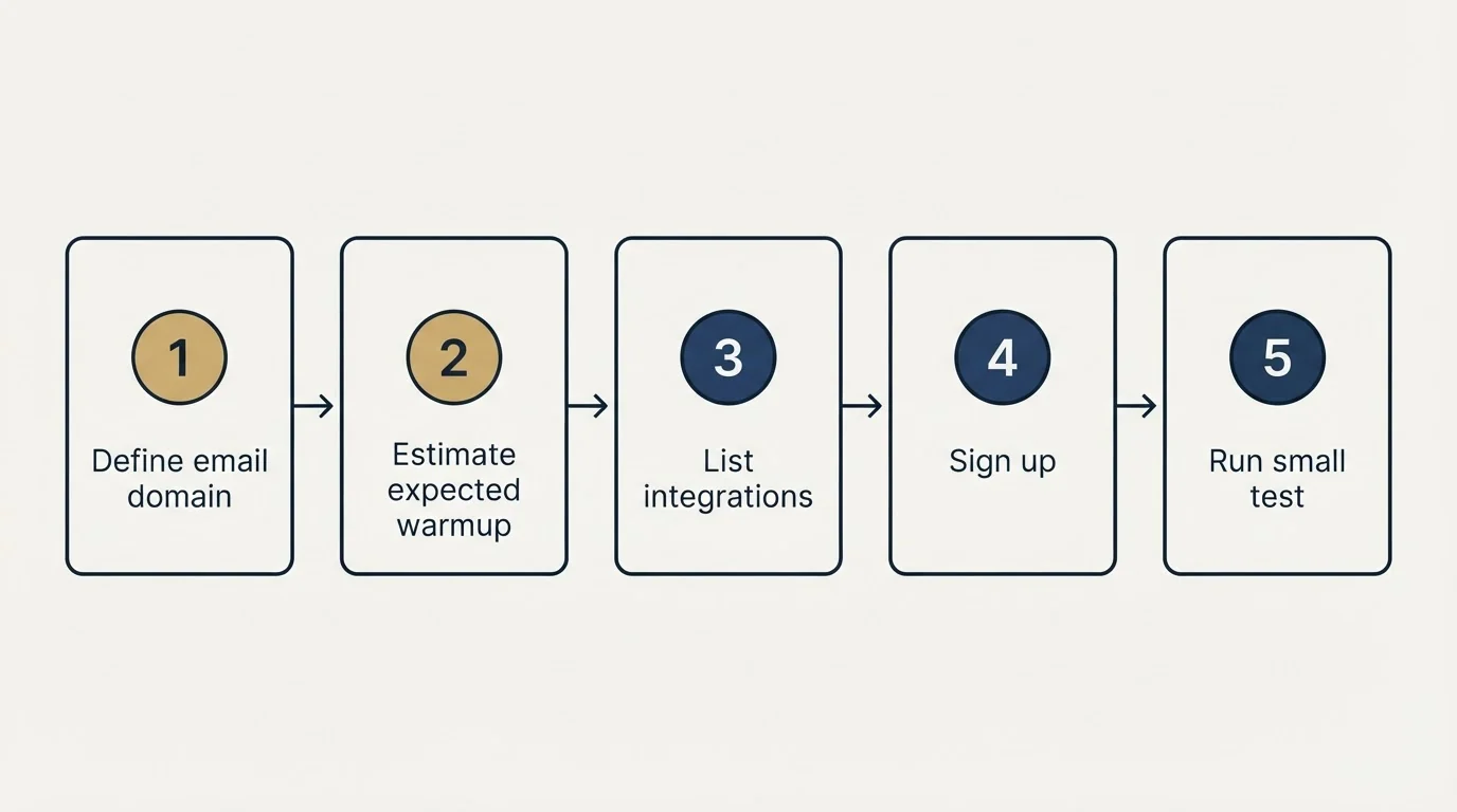 Step sequence: Getting Started Checklist (Define email domain, Estimate expected warmup, List integrations, Sign up)