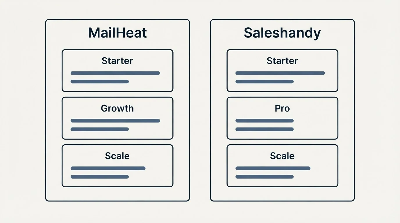 Pricing panels: Pricing Comparison (MailHeat, Saleshandy, Starter, Growth)