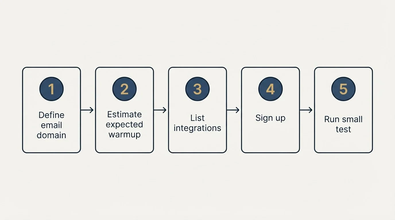 Step sequence: Getting Started Checklist (Define email domain, Estimate expected warmup, List integrations, Sign up)