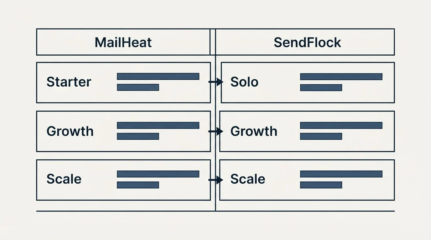 Pricing table: Pricing Comparison (MailHeat, SendFlock, Starter, Solo)