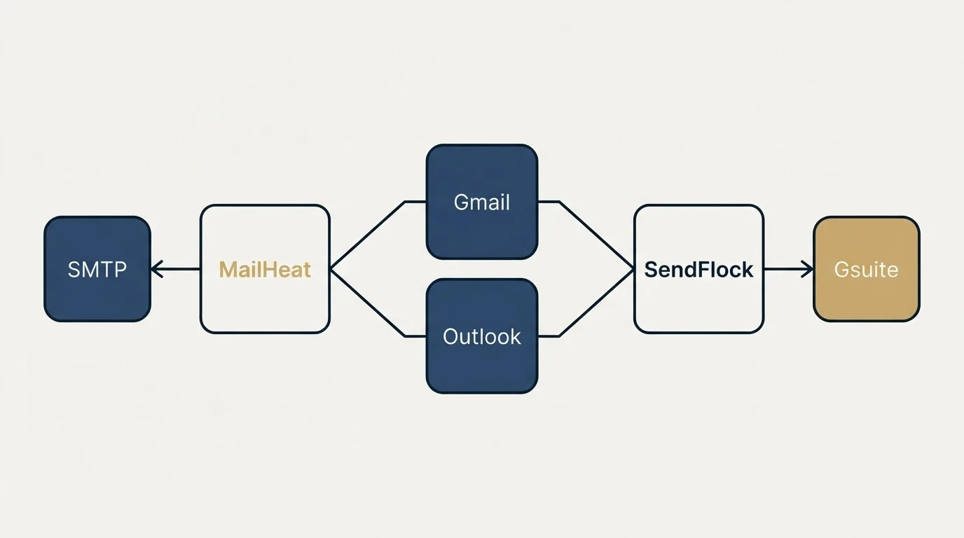 Integration schematic: Integration Ecosystem (MailHeat, SendFlock, Gmail, Outlook)
