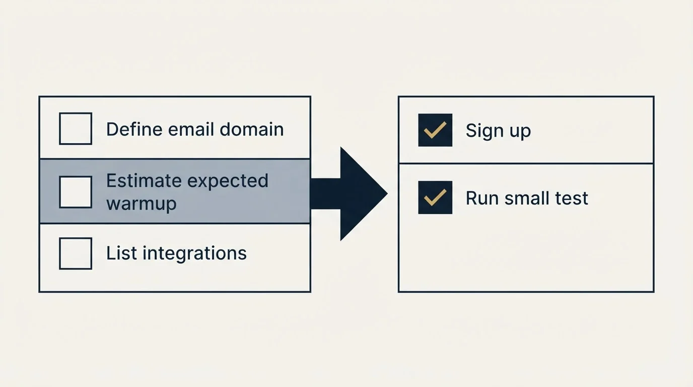 Before-and-after steps: Getting Started Checklist (Define email domain, Estimate expected warmup, List integrations, Sign up)