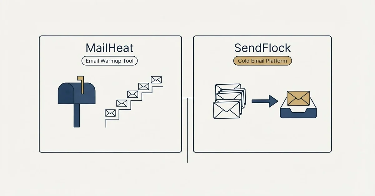 Side-by-side panels: MailHeat vs SendFlock (Email Warmup Tool, Cold Email Platform)