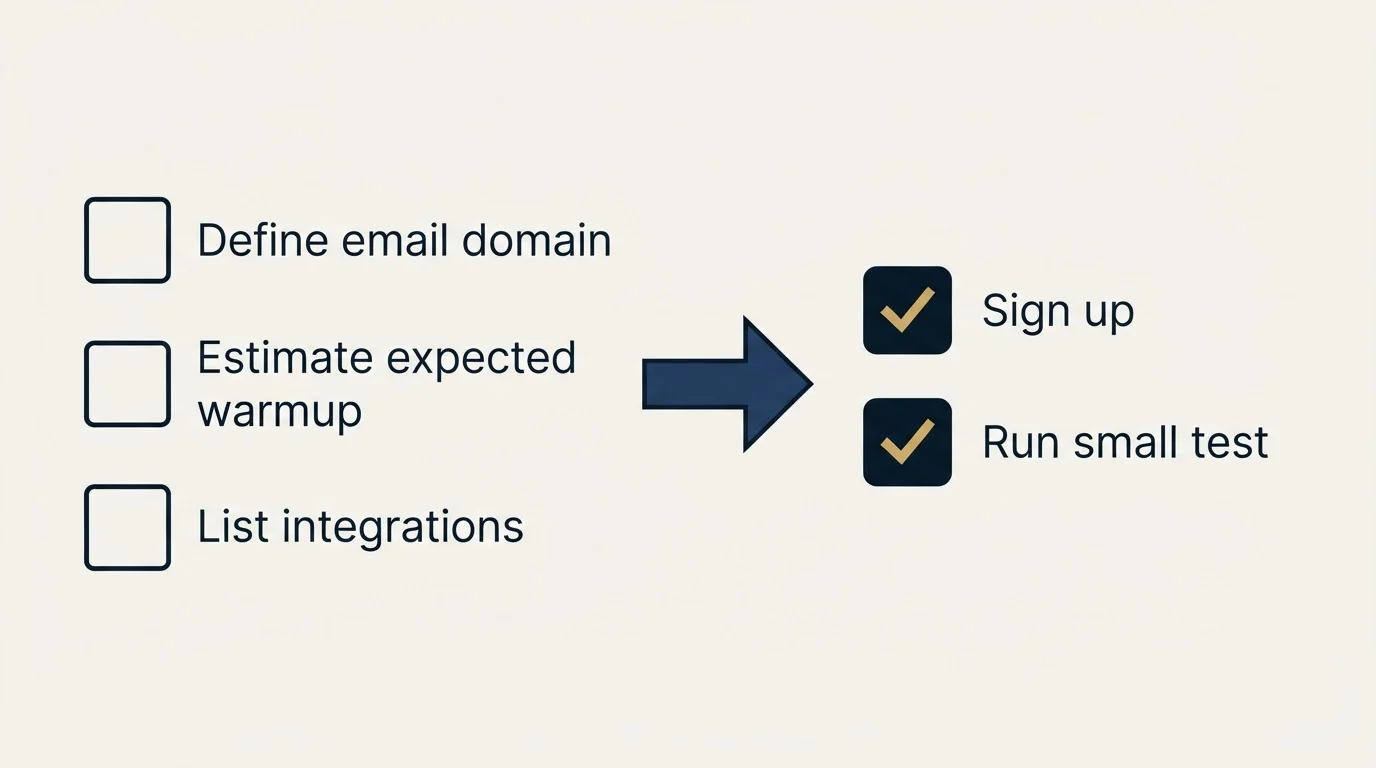 Before-and-after steps: Getting Started Checklist (Define email domain, Estimate expected warmup, List integrations, Sign up)