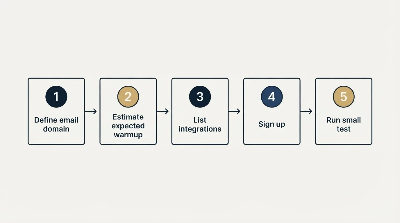 Step sequence: Getting Started Checklist (Define email domain, Estimate expected warmup, List integrations, Sign up)