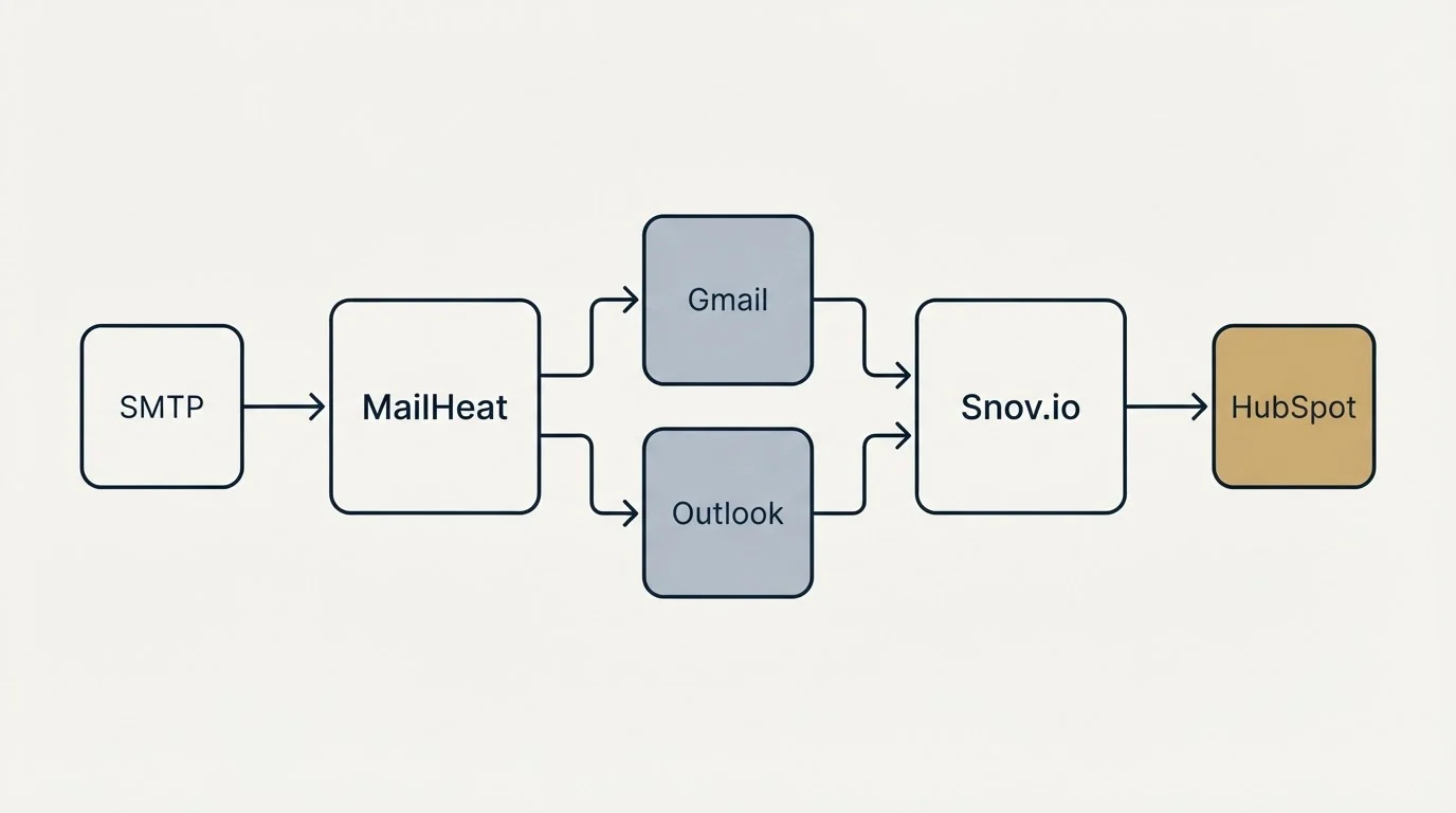 Integration schematic: Integration Ecosystem (MailHeat, Snov.io, Gmail, Outlook)