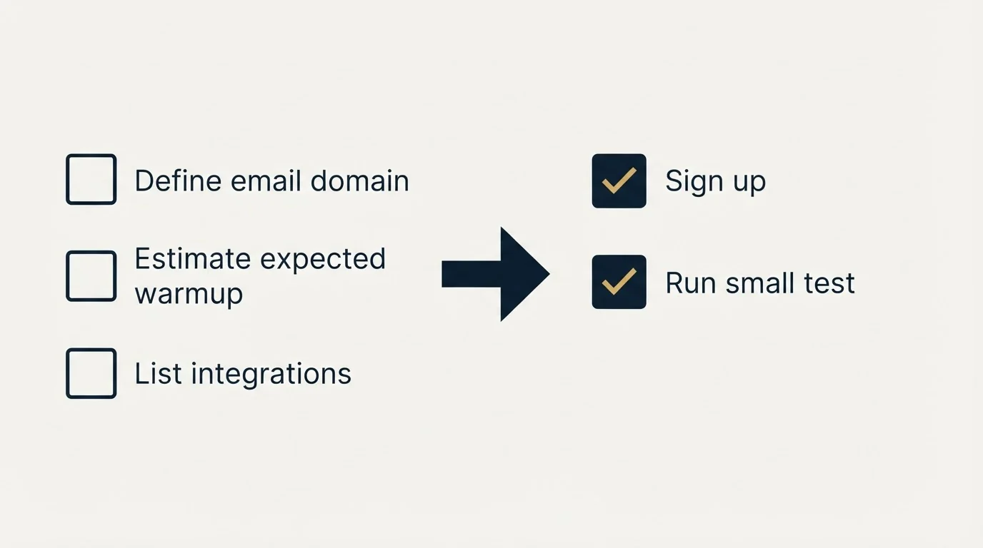 Before-and-after steps: Getting Started Checklist (Define email domain, Estimate expected warmup, List integrations, Sign up)