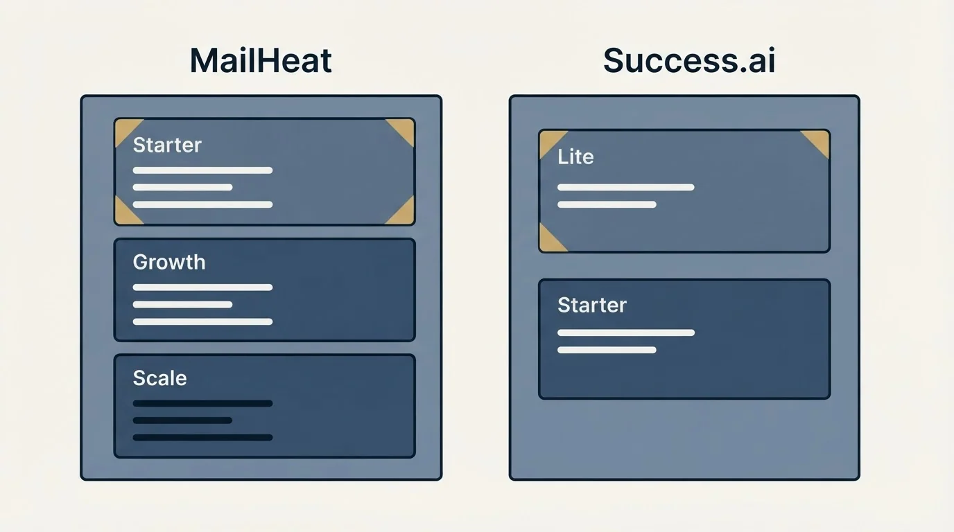 Pricing panels: Pricing Comparison (MailHeat, Success.ai, Starter, Lite)