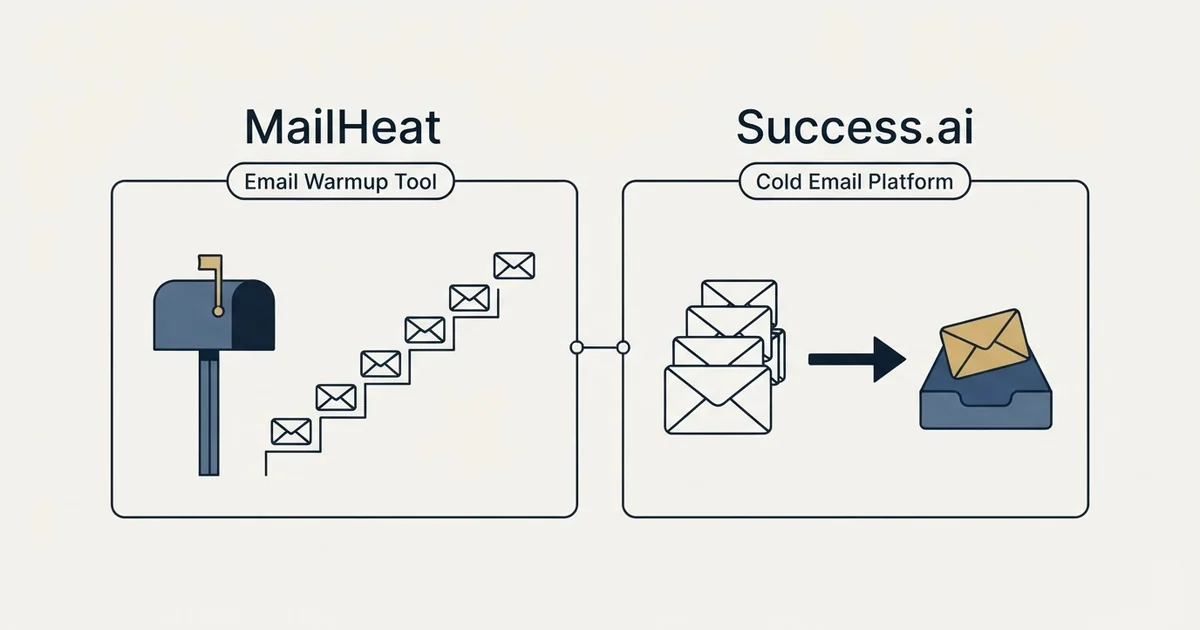 Side-by-side panels: MailHeat vs Success.ai (Email Warmup Tool, Cold Email Platform)