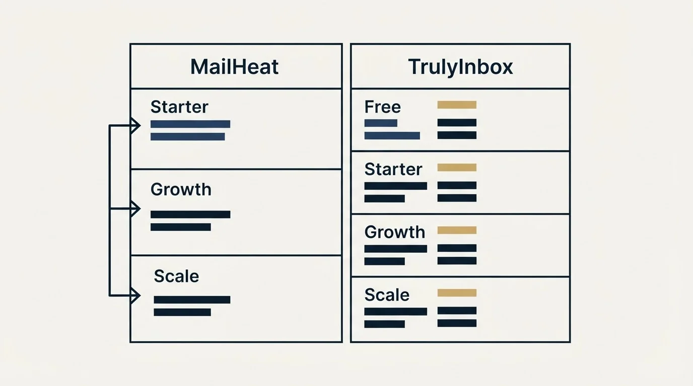 Pricing table: Pricing Comparison (MailHeat, TrulyInbox, Starter, Free)