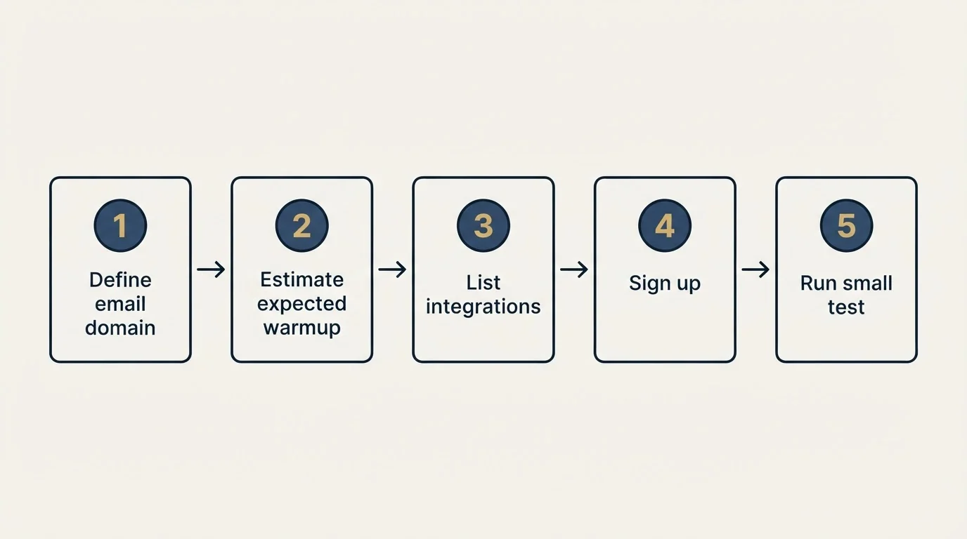 Step sequence: Getting Started Checklist (Define email domain, Estimate expected warmup, List integrations, Sign up)