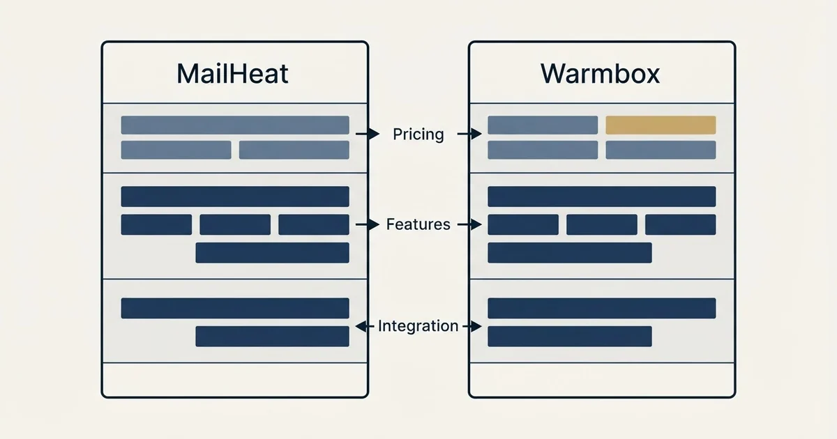 Comparison panel: MailHeat vs Warmbox (Pricing, Features, Integration)