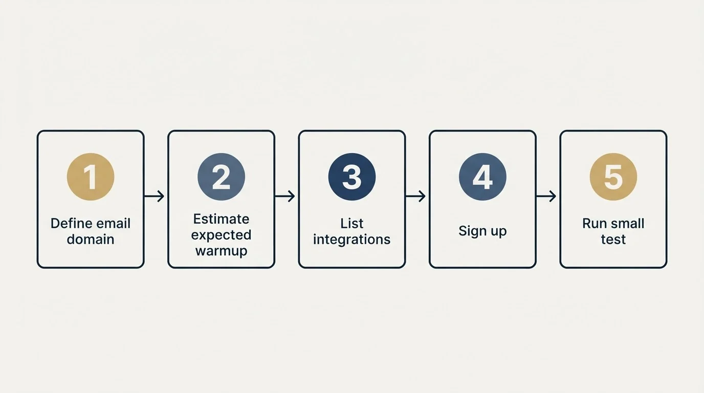 Step sequence: Getting Started Checklist (Define email domain, Estimate expected warmup, List integrations, Sign up)