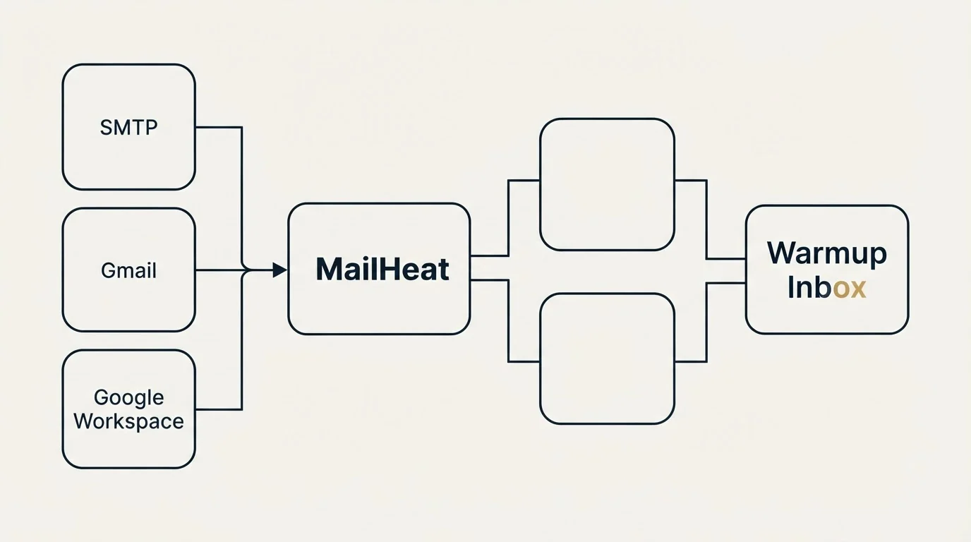 Integration flow: Integration Ecosystem (MailHeat, Warmup Inbox, SMTP, Gmail Workspace)