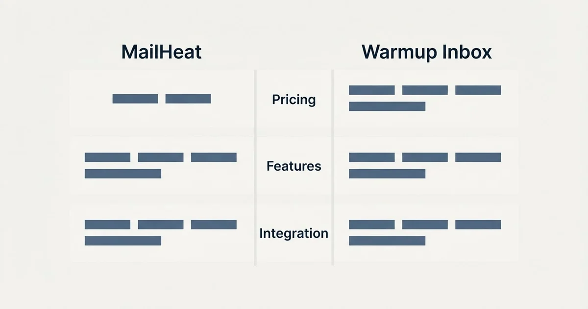 Comparison panel: MailHeat vs Warmup Inbox (Pricing, Features, Integration)