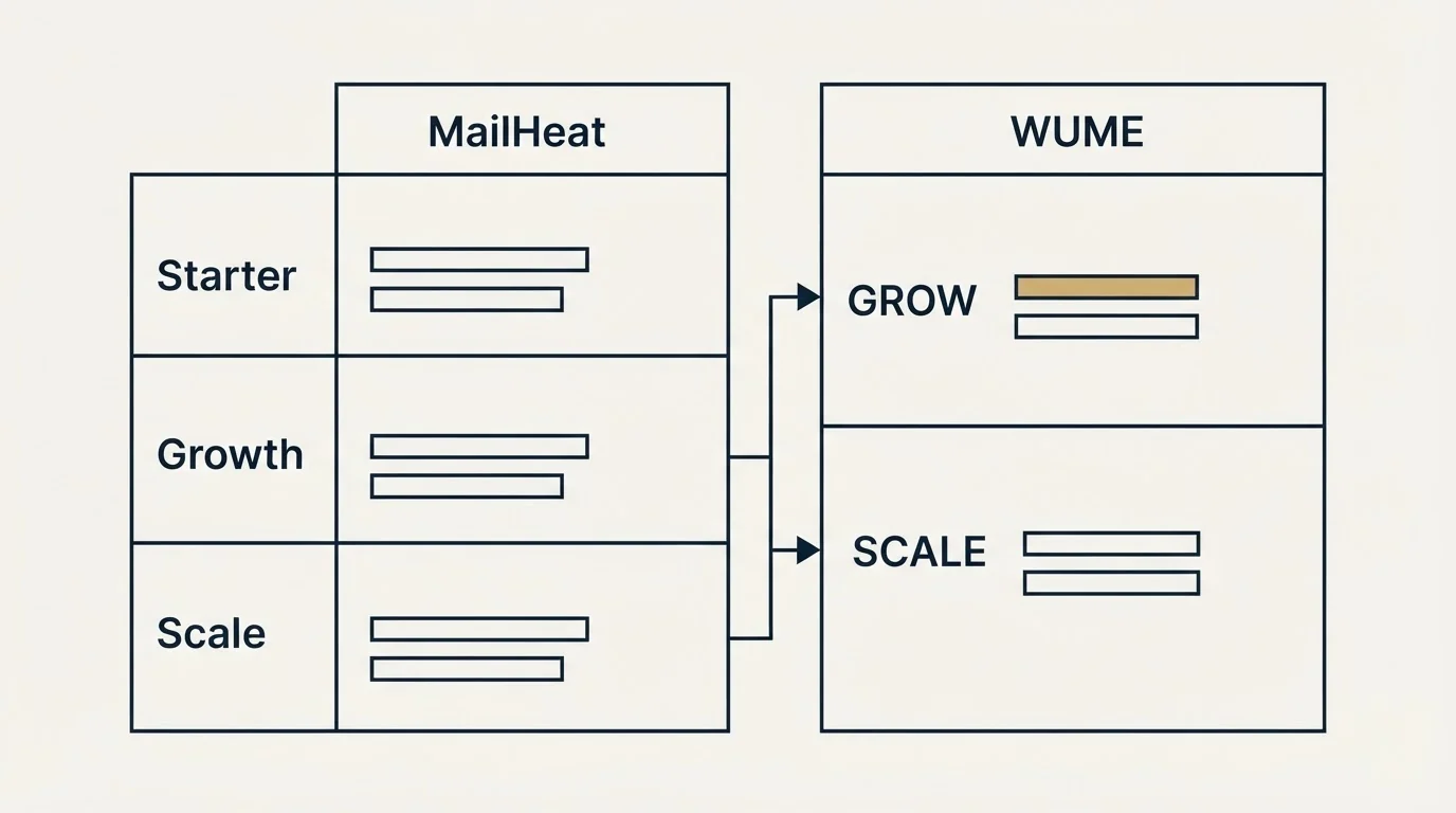 Pricing table: Pricing Comparison (MailHeat, WUME, Starter, GROW)