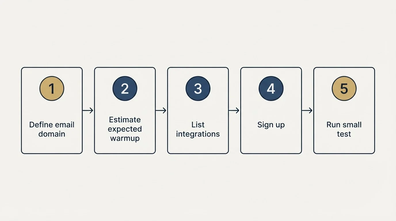 Step sequence: Getting Started Checklist (Define email domain, Estimate expected warmup, List integrations, Sign up)
