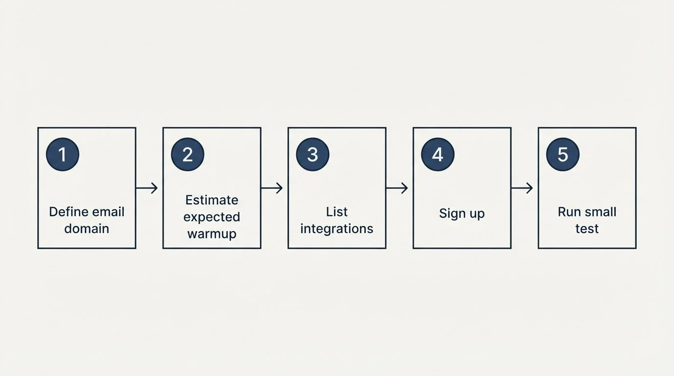 Step sequence: Getting Started Checklist (Define email domain, Estimate expected warmup, List integrations, Sign up)