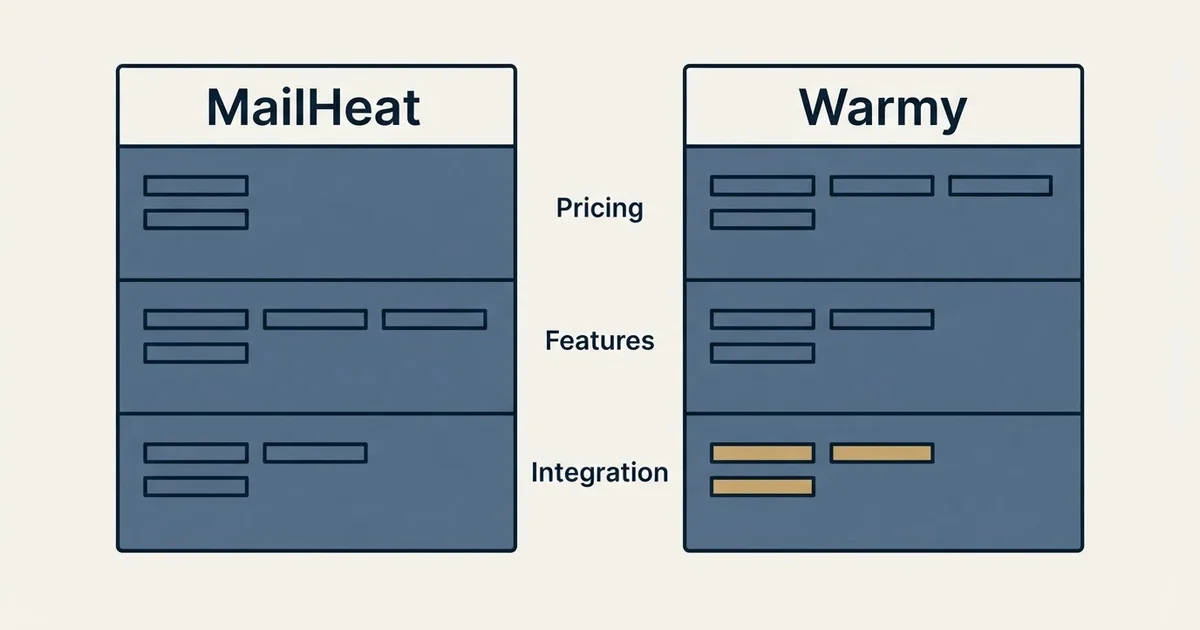 Comparison panel: MailHeat vs Warmy (Pricing, Features, Integration)