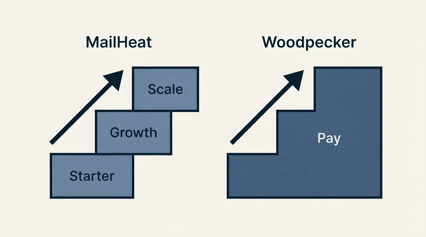 Pricing ladder: Pricing Comparison (MailHeat, Woodpecker, Starter, Pay)