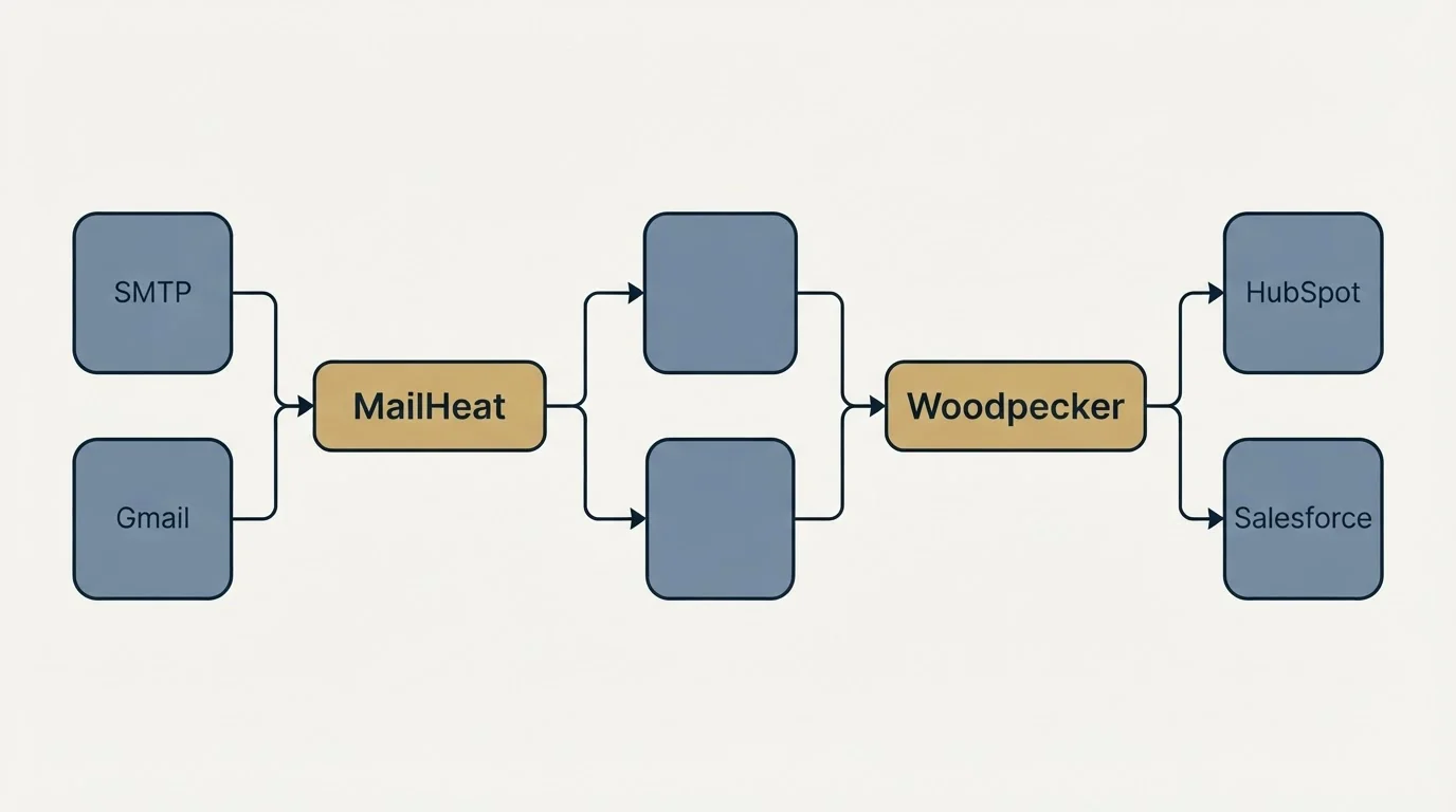 Integration schematic: Integration Ecosystem (MailHeat, Woodpecker, SMTP, HubSpot)