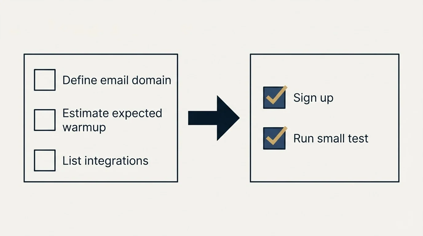 Before-and-after steps: Getting Started Checklist (Define email domain, Estimate expected warmup, List integrations, Sign up)