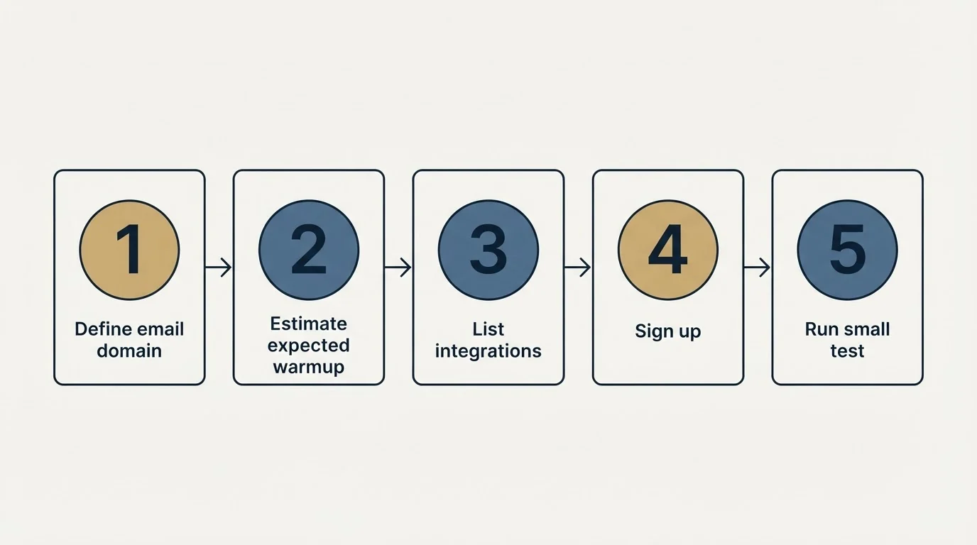 Step sequence: Getting Started Checklist (Define email domain, Estimate expected warmup, List integrations, Sign up)