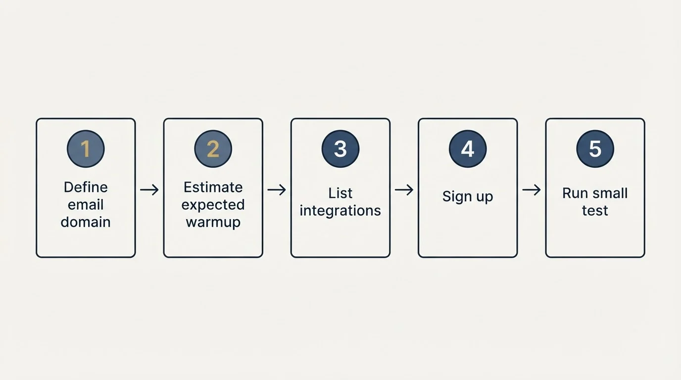 Step sequence: Getting Started Checklist (Define email domain, Estimate expected warmup, List integrations, Sign up)