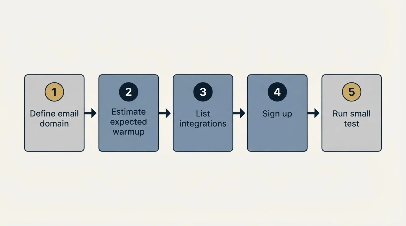 Step sequence: Getting Started Checklist (Define email domain, Estimate expected warmup, List integrations, Sign up)