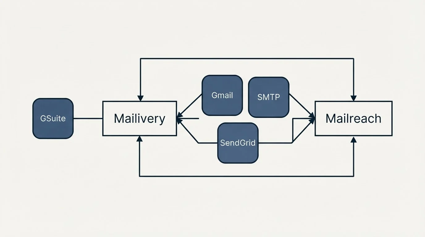 Integration schematic: Integration Ecosystem (Mailivery, Mailreach, Gmail, SMTP)