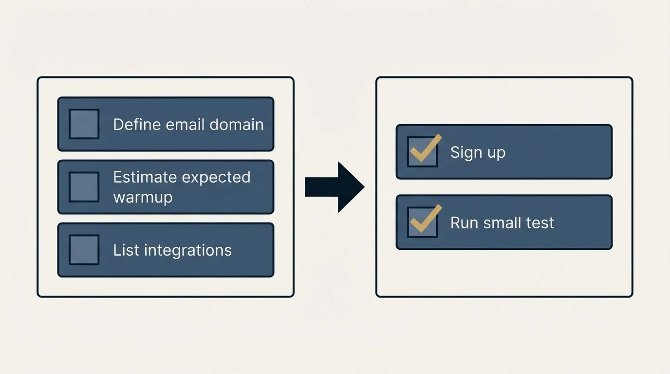 Before-and-after steps: Getting Started Checklist (Define email domain, Estimate expected warmup, List integrations, Sign up)