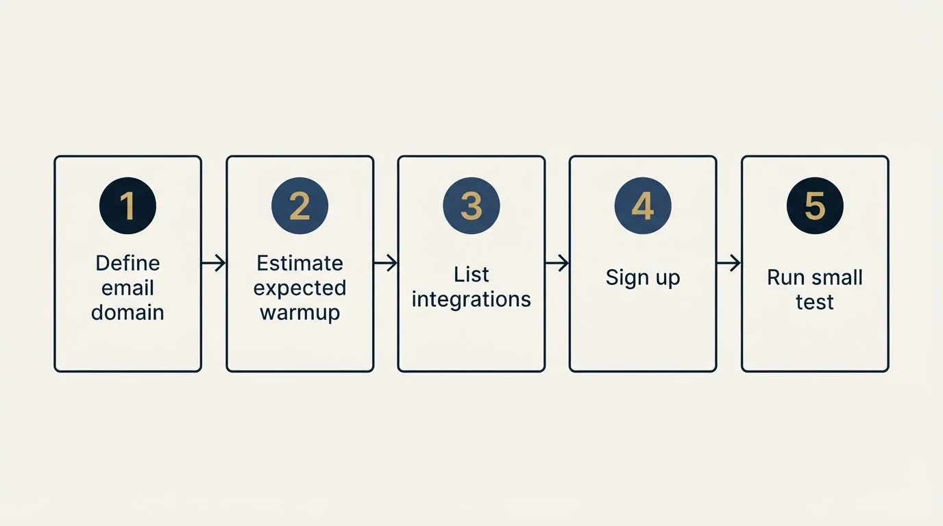 Step sequence: Getting Started Checklist (Define email domain, Estimate expected warmup, List integrations, Sign up)