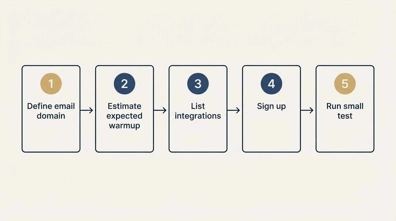 Step sequence: Getting Started Checklist (Define email domain, Estimate expected warmup, List integrations, Sign up)
