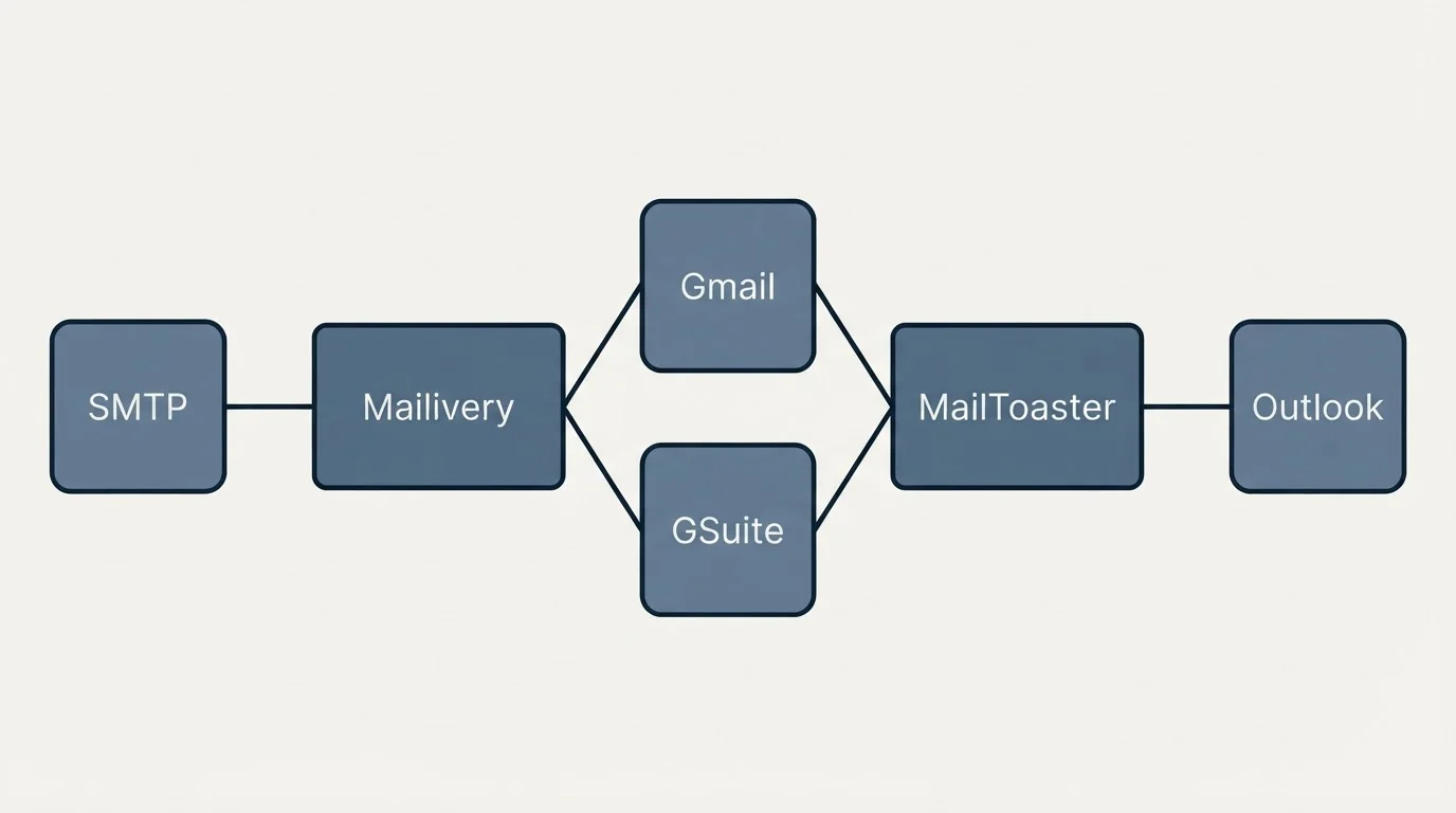 Integration schematic: Integration Ecosystem (Mailivery, MailToaster, Gmail, GSuite)