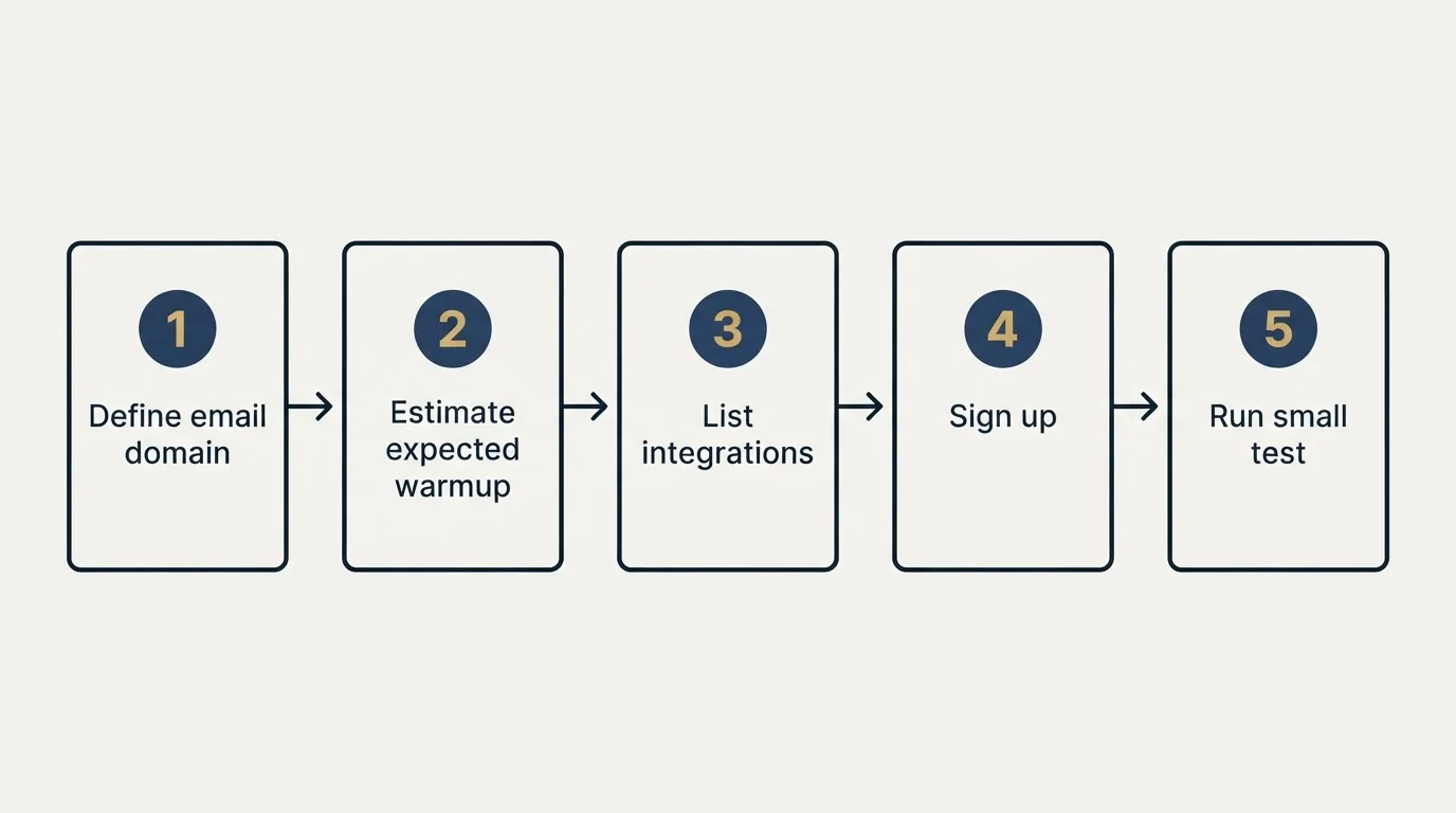 Step sequence: Getting Started Checklist (Define email domain, Estimate expected warmup, List integrations, Sign up)